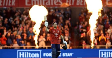 Phil Salt celebrates his fourth T20 international hundred•Sep 12, 2025•Darren Staples/AFP via Getty Images