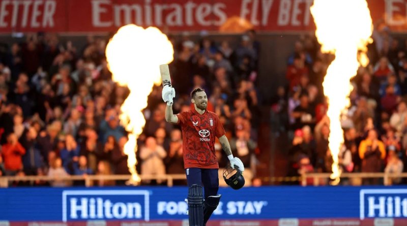 Phil Salt celebrates his fourth T20 international hundred•Sep 12, 2025•Darren Staples/AFP via Getty Images